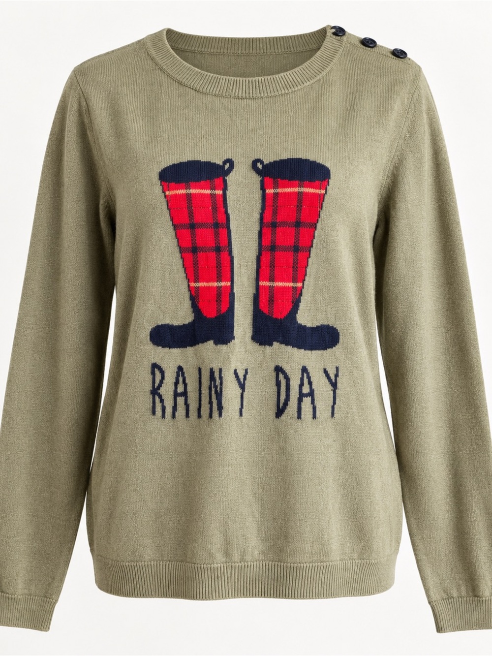 Talbots Rainy Day Sweater Olive Green Plaid Rain Boots Elbow Patches L